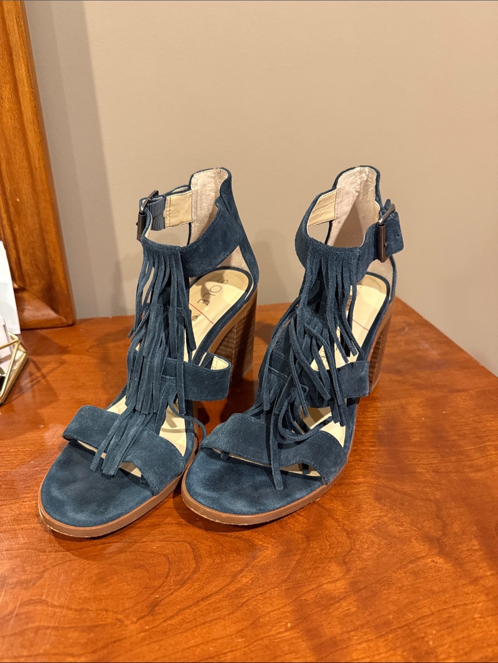 Sole Society Blue/Green Suede Fringe Block Heel Sandals Worn once size 8.5